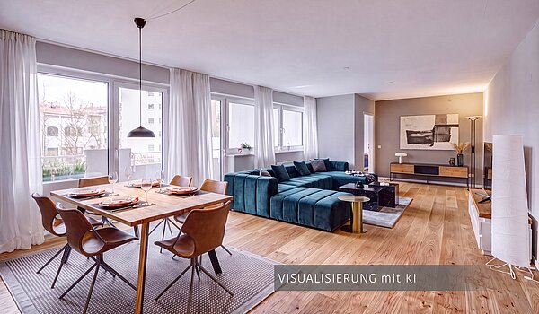 Apartamento de 3.5 habitaciones | München-Au | 704231 | Foto von KI generiert, Darstellung einer möglichen Wohnraumgestaltung ohne Zwischenwand