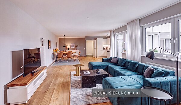 Apartamento de 3.5 habitaciones | München-Au | 704231 | Foto von KI generiert, Darstellung einer möglichen Wohnraumgestaltung ohne Zwischenwand