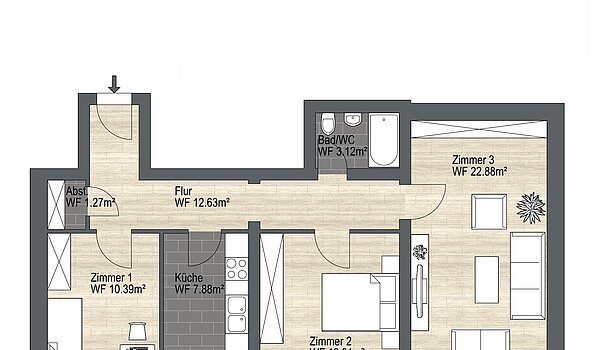 Apartamento de 3 habitaciones | München-Au | 70447 | Nicht maßstabsgetreu